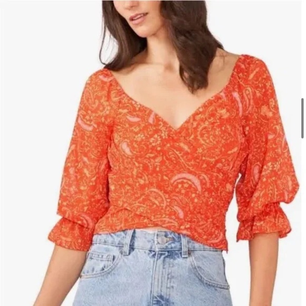 1. STATE Orange Coral Paisley Sweetheart Smocked Top Cottagecore Medium New